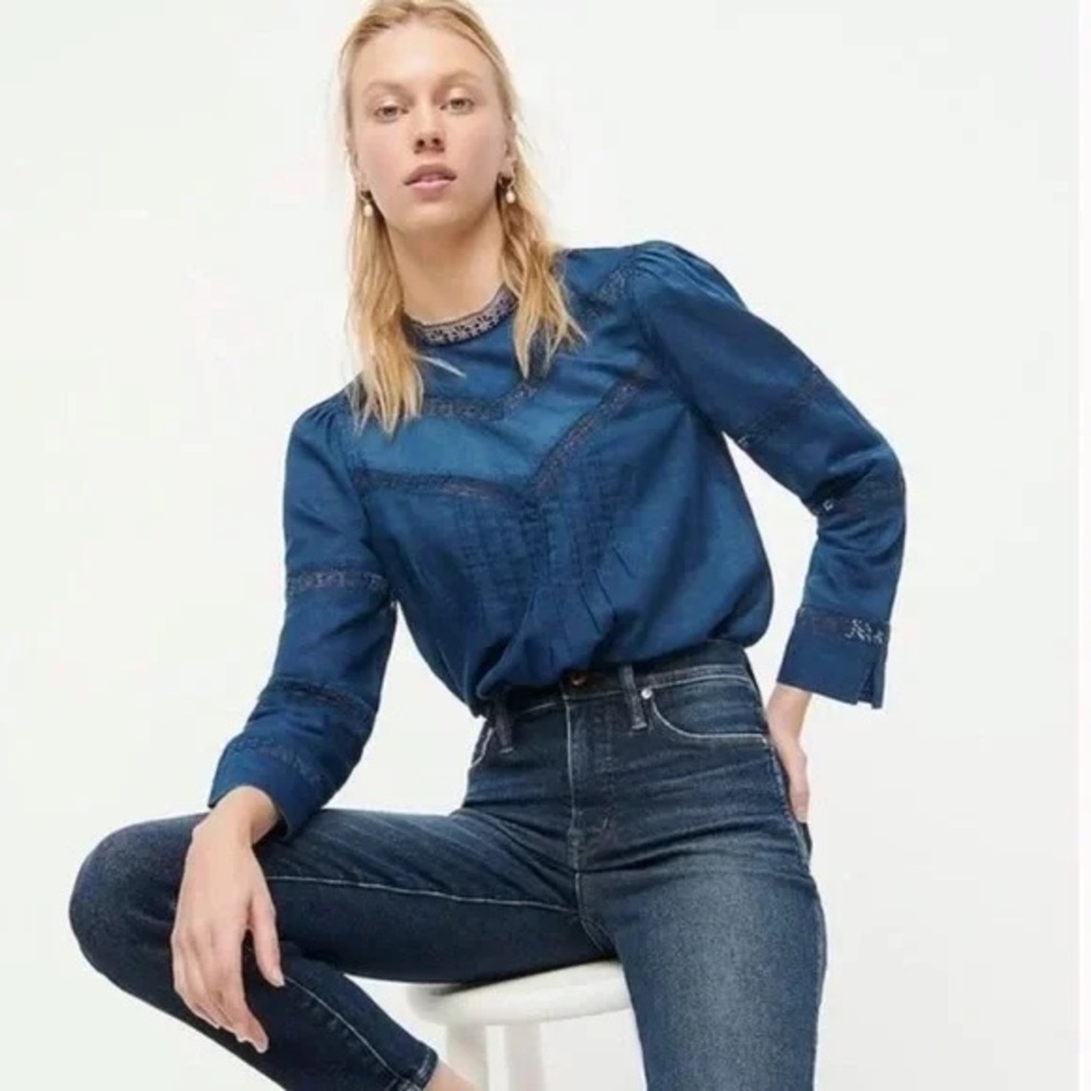 J.Crew Victorian Indigo Lace Pintuck Mockneck Blouse Top Size S Voile Feminine